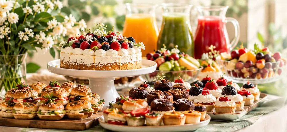 Mesa de coffee break com sucos, bolos, salgados e doces
